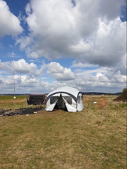 GB1RY main operating tent , catering tent to the left, antenna in the background.